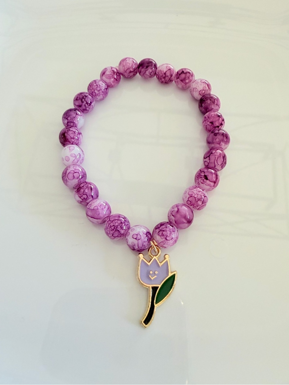 Purple Beaded Bracelet with Tulip Charm Handmade Jewelry